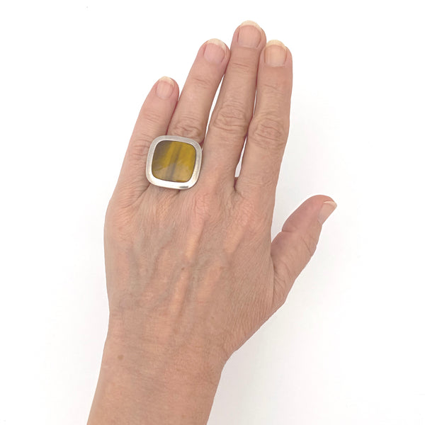 scale vintage Finland silver tiger eye large square ring Scandinavian Modernist design