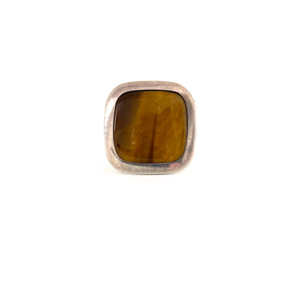 large Modernist silver & tiger eye square ring ~ Finland 1975