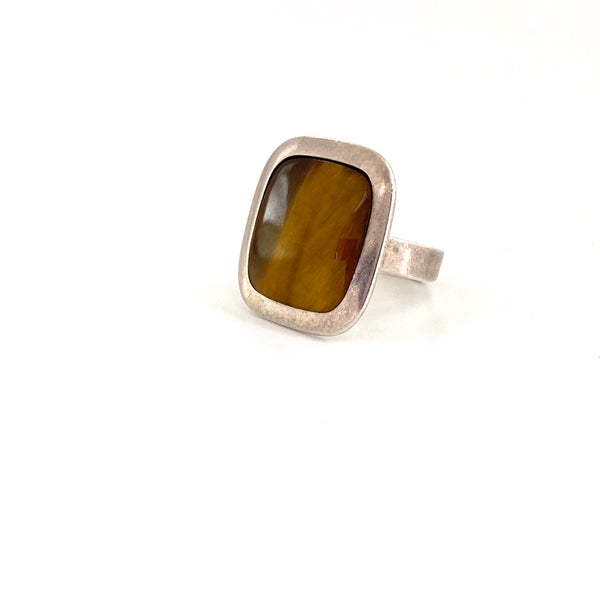 surface detail vintage Finland silver tiger eye large square ring Scandinavian Modernist design