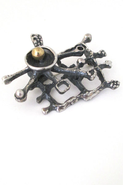 Guy Vidal Canada vintage brutalist pewter brass sphere sculptural layered brooch