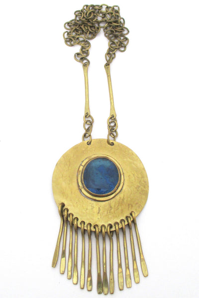 Rafael Alfandary Canada vintage brutalist brass and aqua glass long fringe necklace