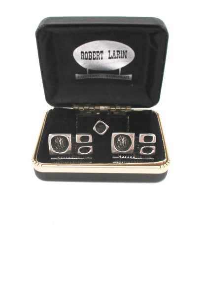 detail Robert Larin Canada vintage brutalist pewter large cufflinks tie tack set original box 1