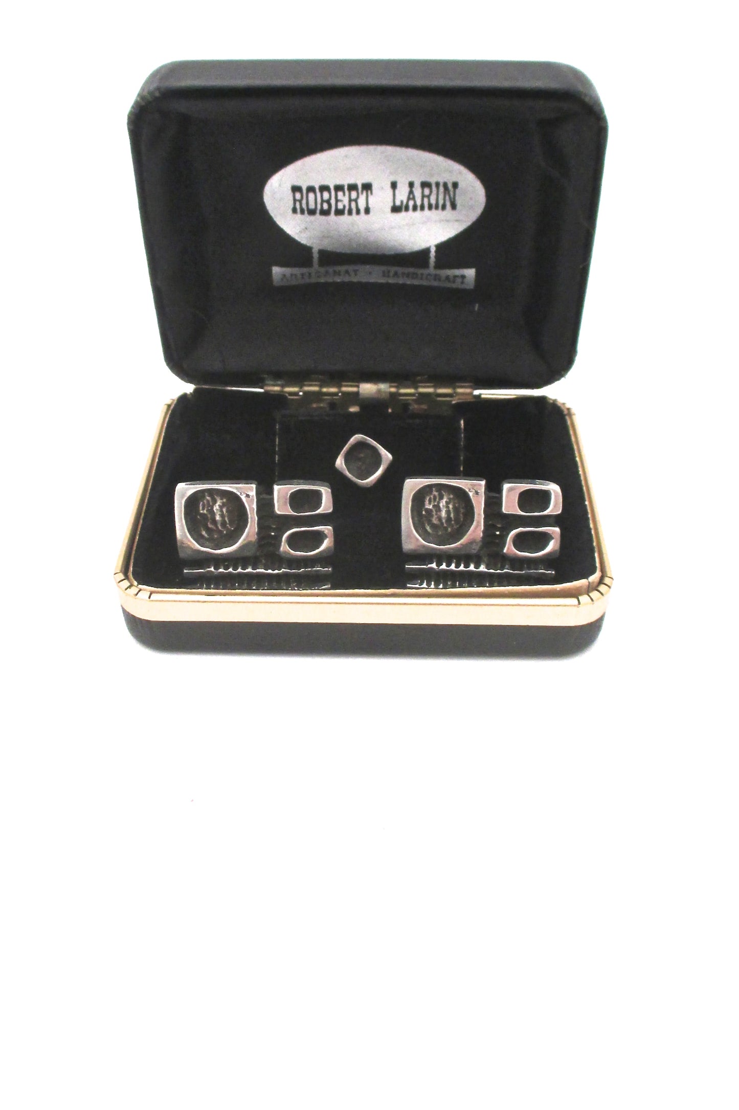 detail Robert Larin Canada vintage brutalist pewter large cufflinks tie tack set original box 1