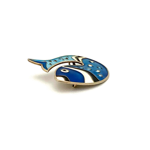 profile David-Andersen Norway vintage silver enamel fish brooch blue Scandinavian Modernist jewelry design