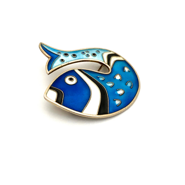 detail David-Andersen Norway vintage silver enamel fish brooch blue Scandinavian Modernist jewelry design