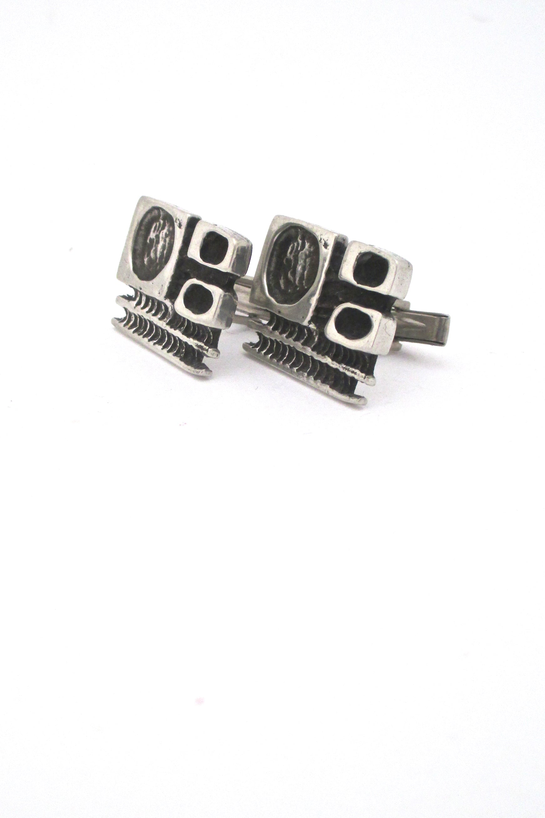 profile Robert Larin Canada vintage brutalist pewter large cufflinks tie tack set original box 1