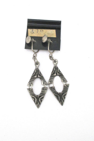 detail Robert Larin brutalist pewter drop earrings #370 ~ on original card