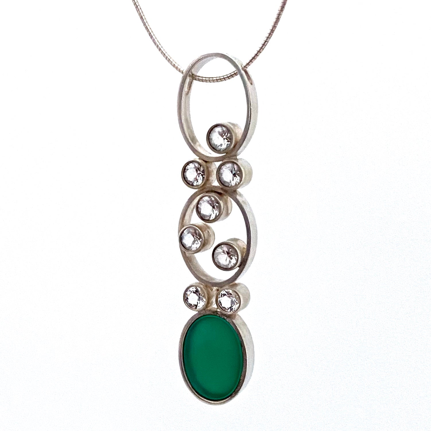 detail Elis Kauppi Kupittaan Kulta Finland vintage silver rock crystal chrysoprase Mountain Stream pendant necklace Scandinavian Modernist jewelry design
