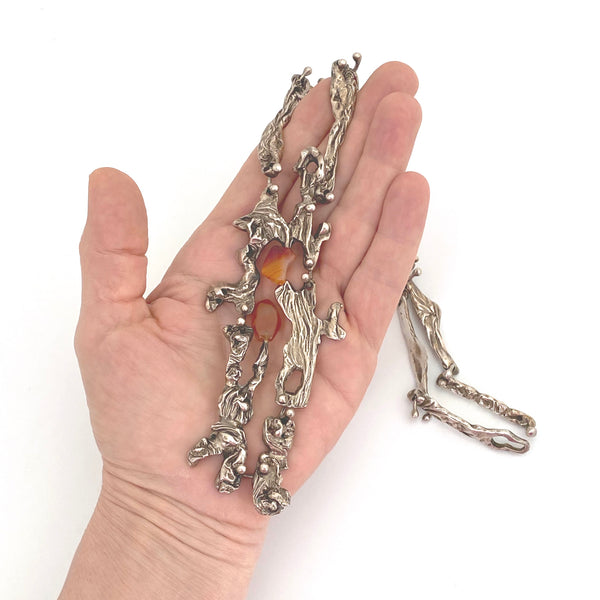 scale large vintage brutalist sterling silver banded agate kinetic pendant necklace mid century Modernist jewelry design