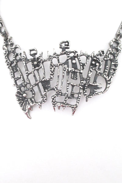 detail Guy Vidal Canada large vintage brutalist pewter bib necklace