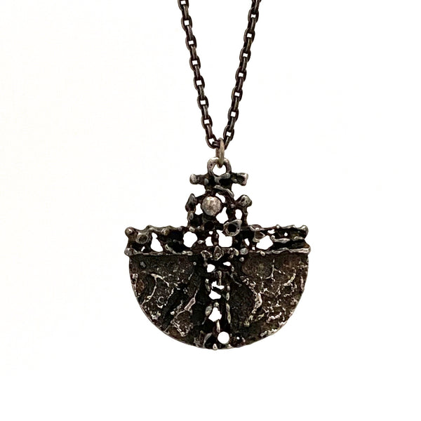 detail Guy Vidal Canada vintage brutalist textured pewter openwork pendant necklace Modernist jewelry design