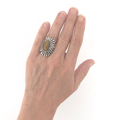 scale OPUS Canada large vintage silver tiger eye brutalist ring Modernist jewelry design