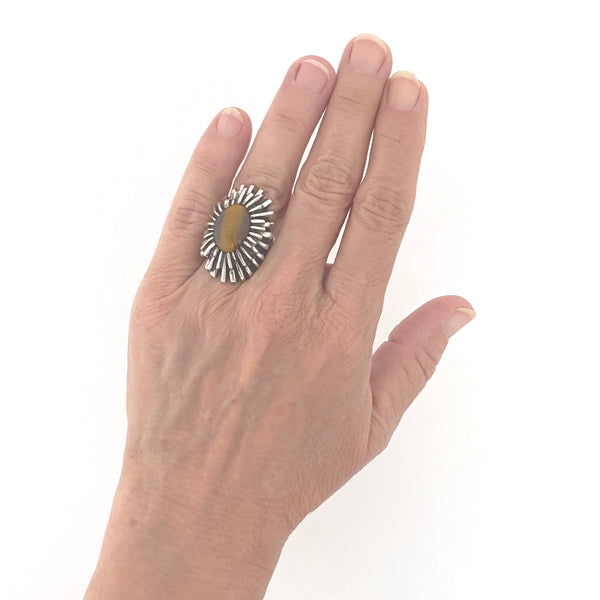 scale OPUS Canada large vintage silver tiger eye brutalist ring Modernist jewelry design