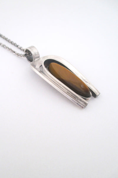 profile Elis Kauppi Kupittaan Kulta Finland vintage silver and shaped tiger eye pendant necklace 1974