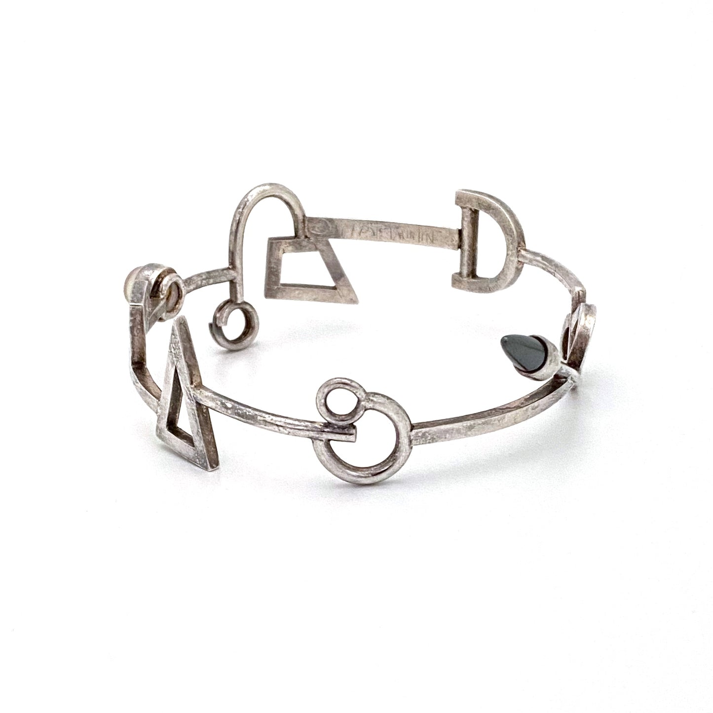 postmodern silver bangle bracelet with moonstone & hematite ~ 1991