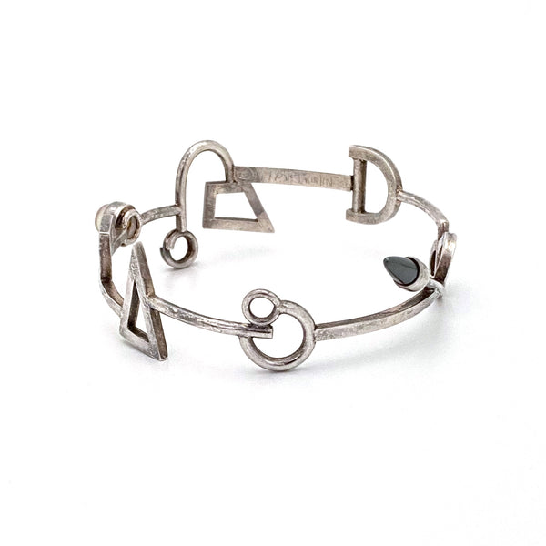 postmodern silver bangle bracelet with moonstone & hematite ~ 1991