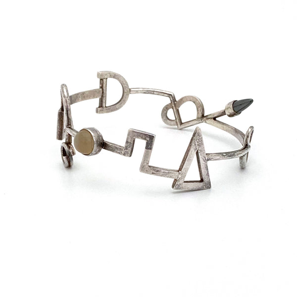 postmodern silver bangle bracelet with moonstone & hematite ~ 1991