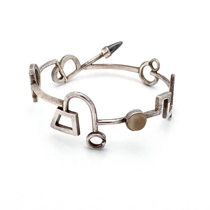 detail vintage silver postmodern bangle bracelet moonstone hematite signed J Tarentino 1991