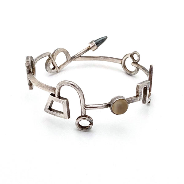 detail vintage silver postmodern bangle bracelet moonstone hematite signed J Tarentino 1991