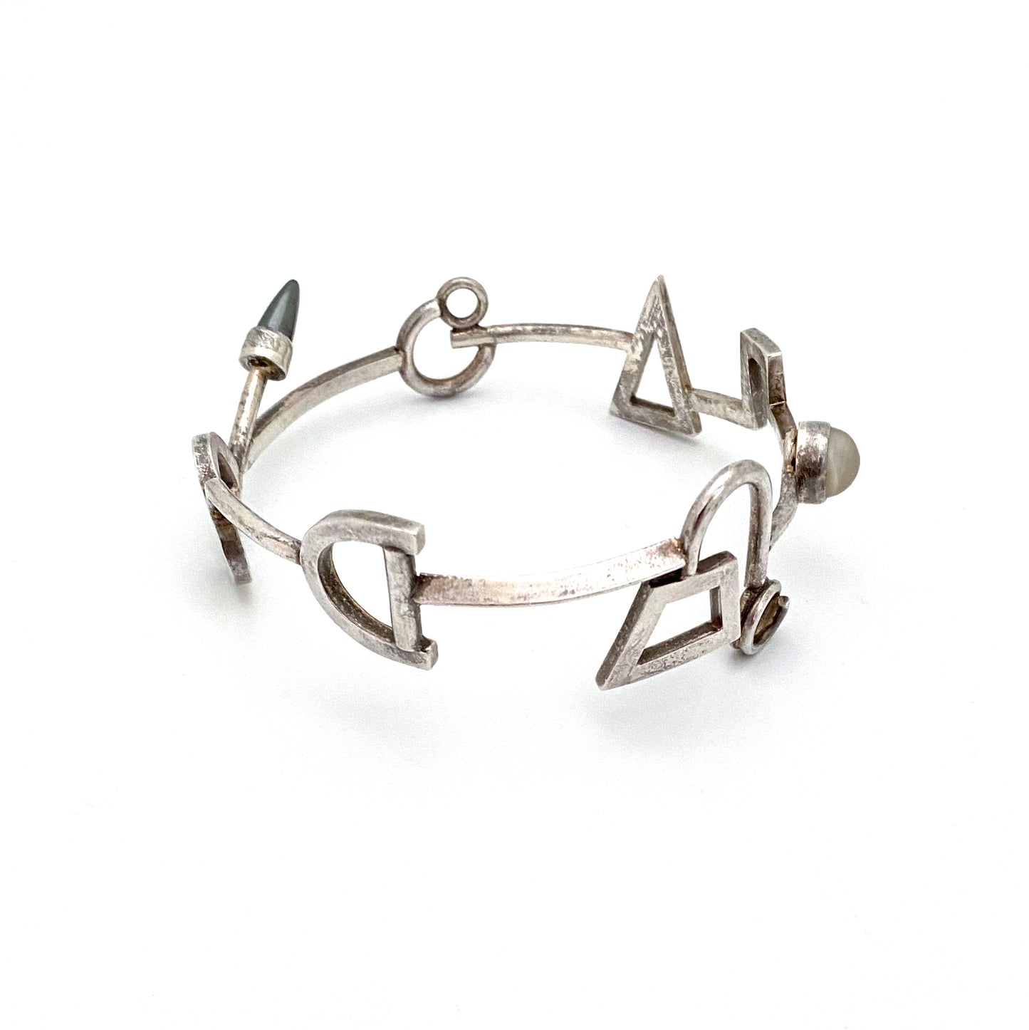 postmodern silver bangle bracelet with moonstone & hematite ~ 1991