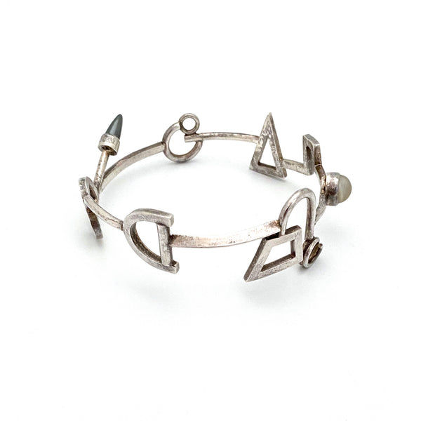 postmodern silver bangle bracelet with moonstone & hematite ~ 1991