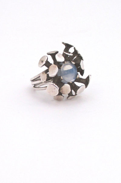 detail vintage mid century modern atomic ring in sterling silver and moonstone