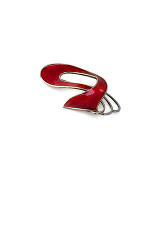 Ivar Holth Norway vintage silver gilt red enamel curvy ribbon brooch