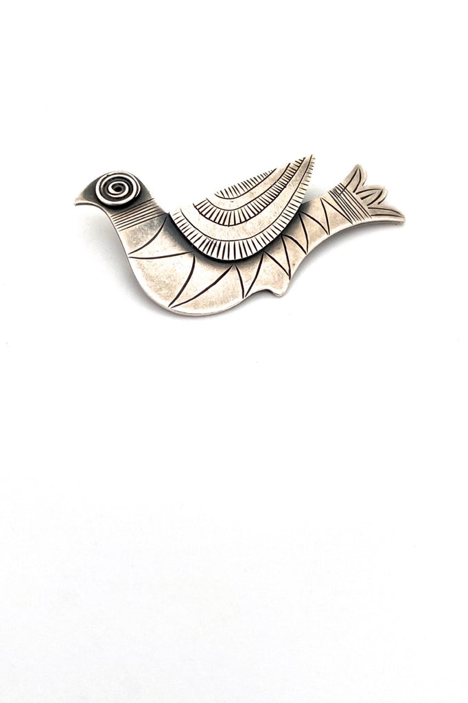 Jack Leyland Canada vintage silver stylized bird brooch Modernist jewelry design