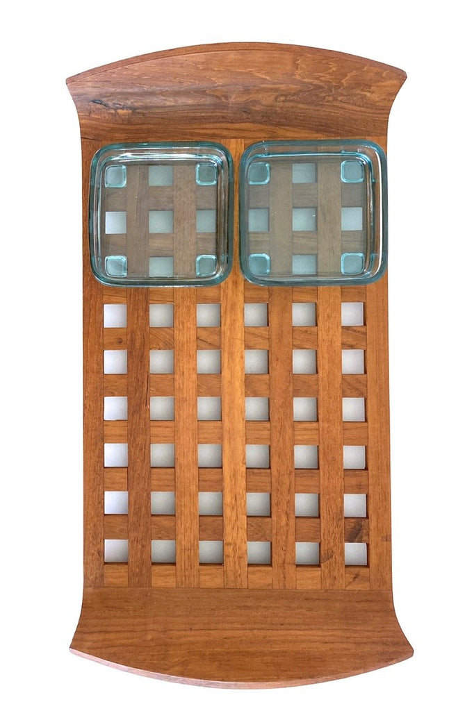 Jens Quistgaard Dansk Denmark vintage teak lattice serving tray 2 turquoise glass inserts Scandinavian Modern design