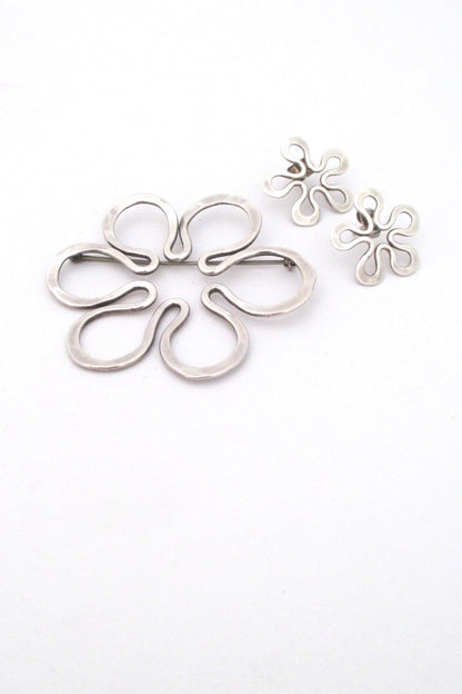 John Lewis USA modernist hammered silver flower brooch and earrings set mid century design
