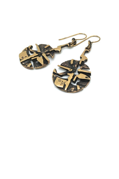 Jorma Laine Finland vintage textured bronze round drop earrings Scandinavian Modern jewelry design