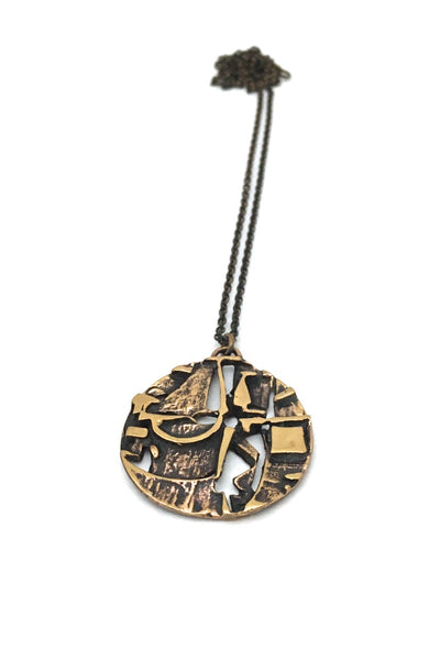 Jorma Laine Finland vintage textured bronze round pendant necklace Scandinavian Modern design jewelry