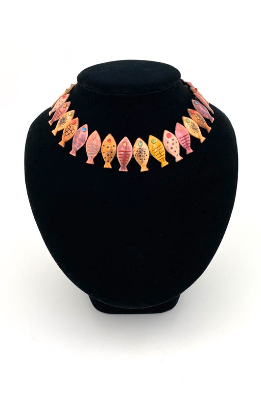Loutzia Paris France rare vintage enamel fish necklace Modernist jewelry design