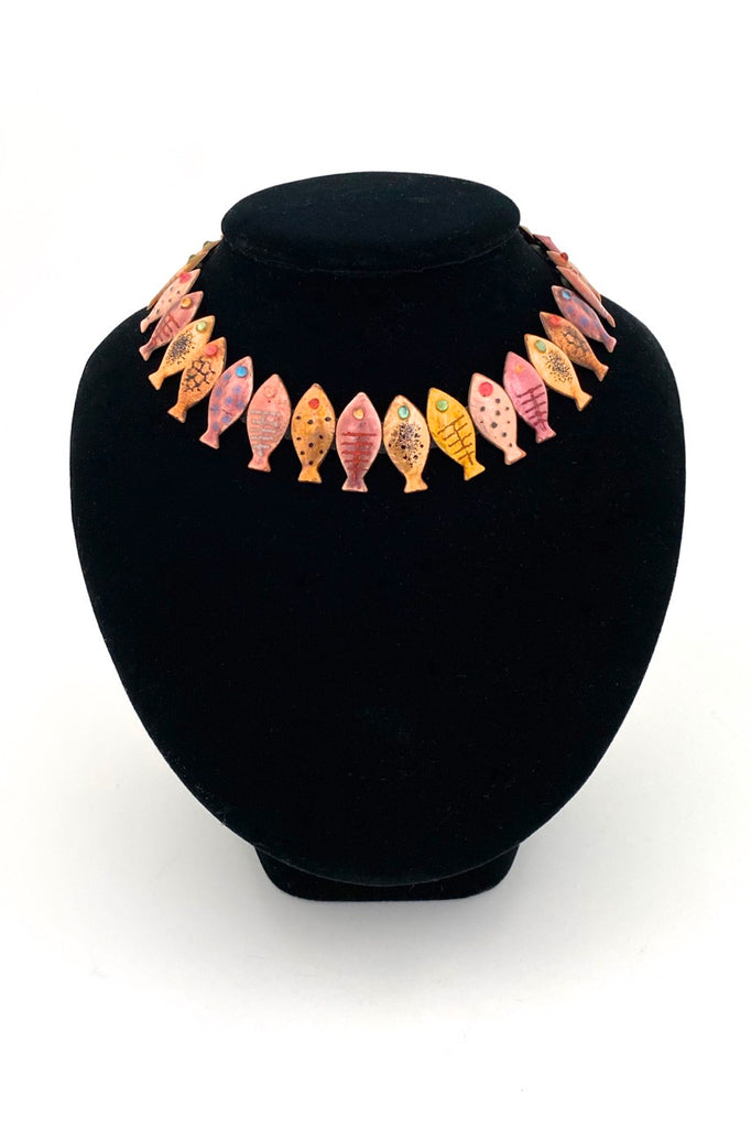 Loutzia Paris France rare vintage enamel fish necklace Modernist jewelry design