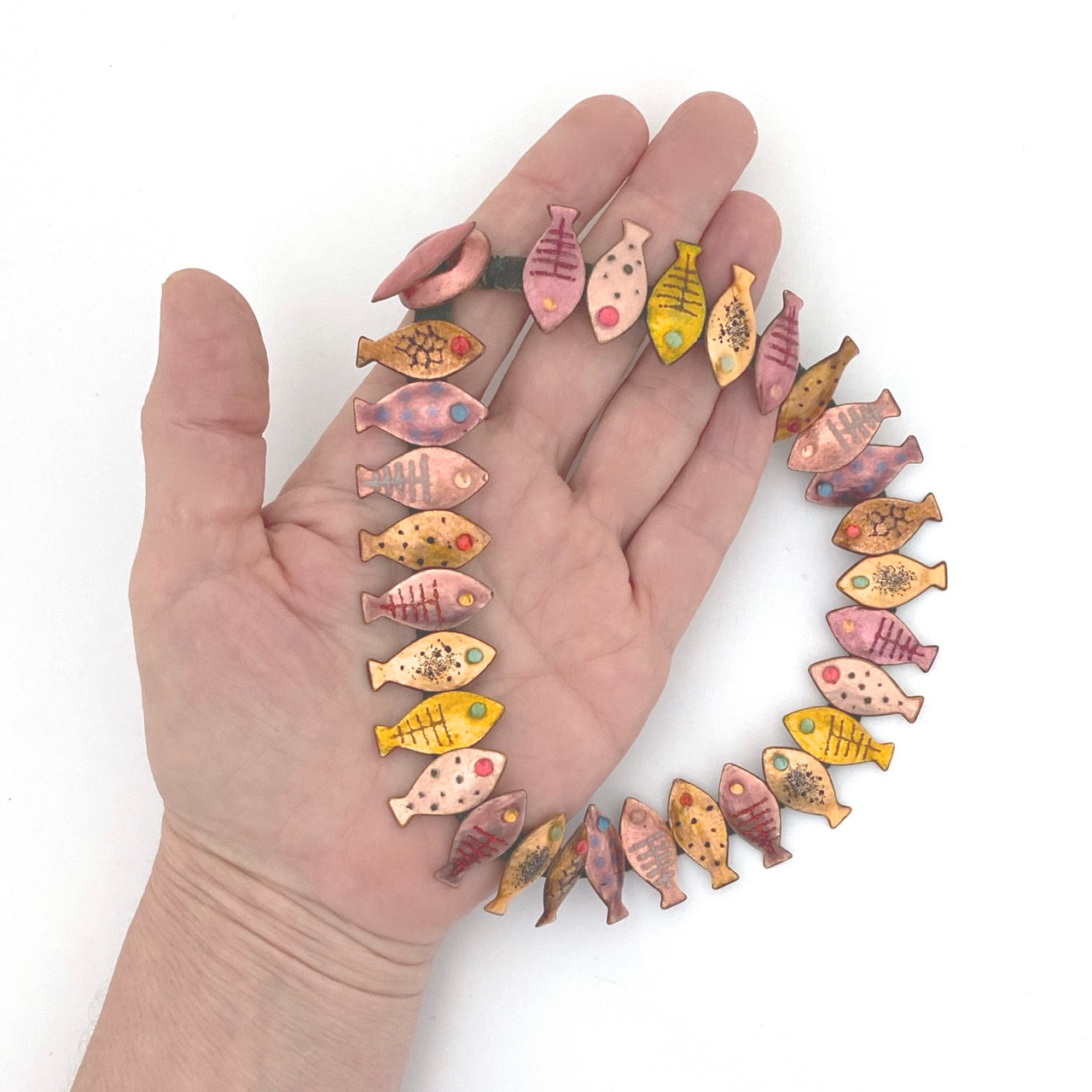 scale Loutzia Paris France rare vintage enamel fish necklace Modernist jewelry design