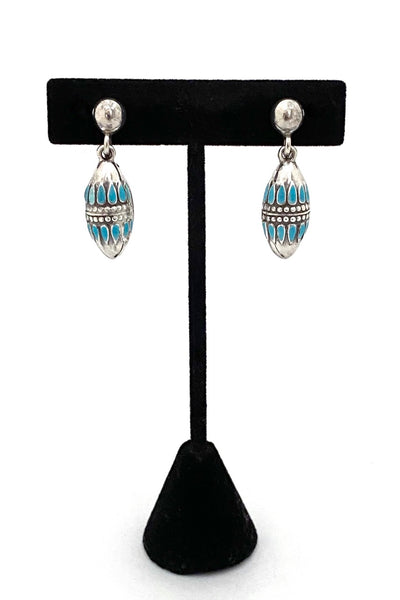 Margot Van Voorhies Carr (Margot do Taxco) Mexico vintage silver sky blue enamel drop earrings modernist jewelry design