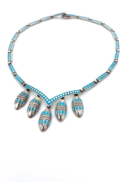 Margot Van Voorhies Carr (Margot de Taxco) Mexico vintage silver sky blue enamel kinetic necklace modernist jewelry design
