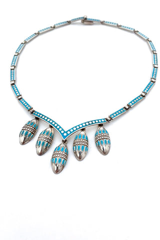 Margot Van Voorhies Carr (Margot do Taxco) Mexico vintage silver sky blue enamel kinetic necklace modernist jewelry design
