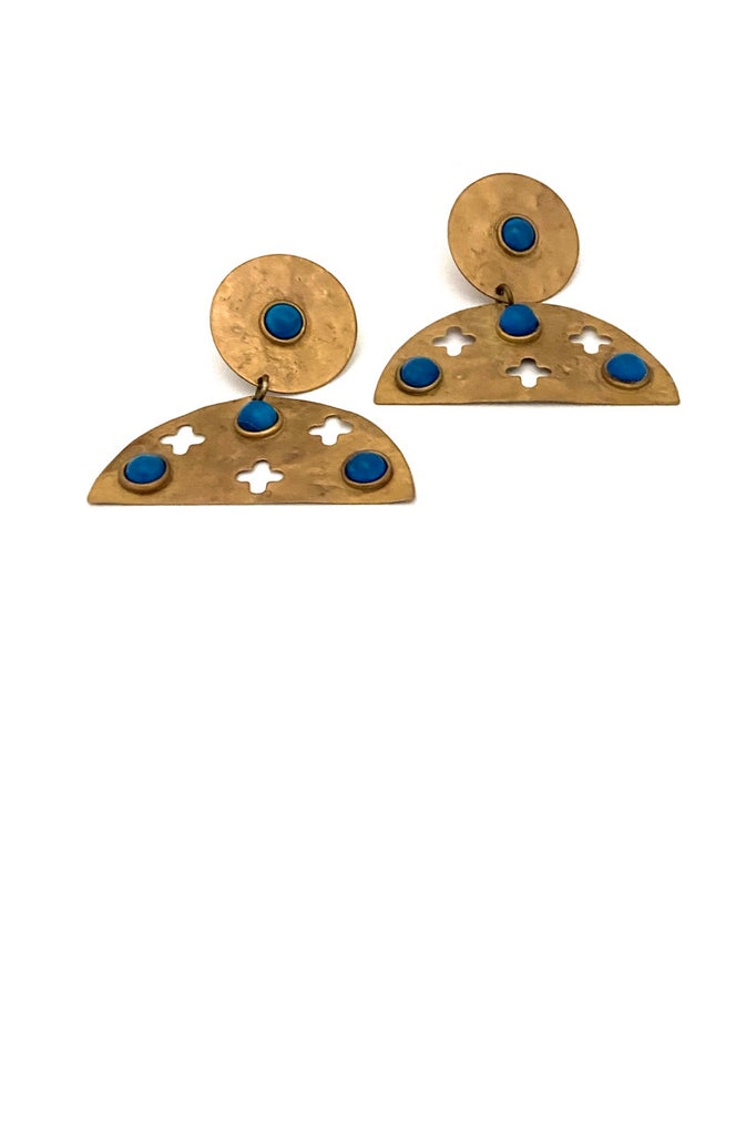 Martha Sturdy Canada vintage post modern large drop earrings faux turquoise hammered brass