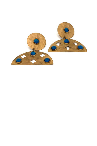 Martha Sturdy Canada vintage post modern large drop earrings faux turquoise hammered brass