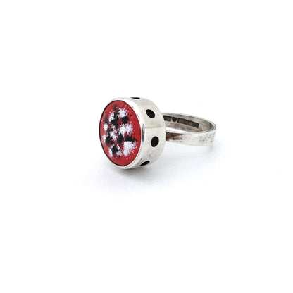 Martti Viikinniemi large silver and enamel ring ~ red, black & white