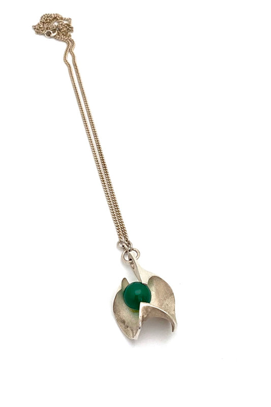 Matti Hyvarinen Finland vintage silver chrysoprase sculptural pendant necklace Scandinavian Modernist jewelry design