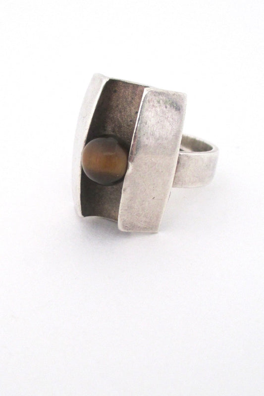 Matti Hyvarinen Finland vintage Scandinavian Modernist silver and tiger eye ring 1974
