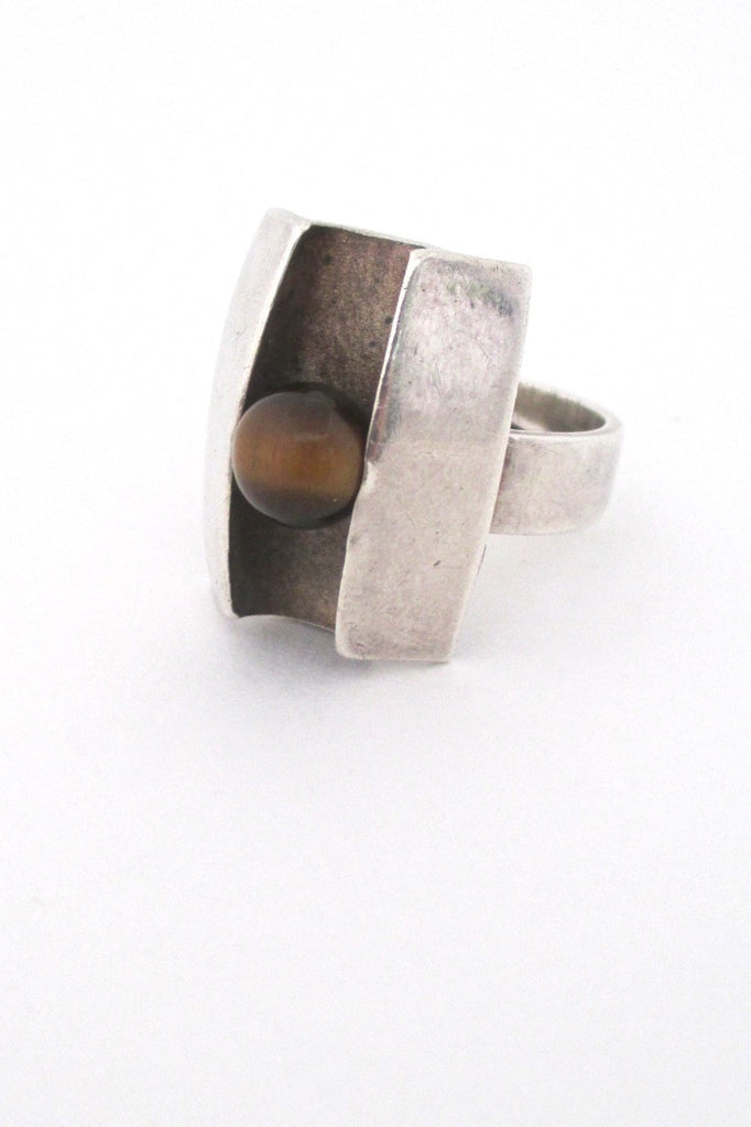 Matti Hyvarinen Finland vintage Scandinavian Modernist silver and tiger eye ring 1974