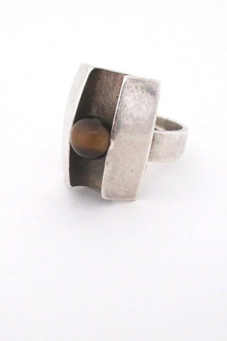 Matti Hyvarinen Finland vintage Scandinavian Modernist silver and tiger eye ring 1974