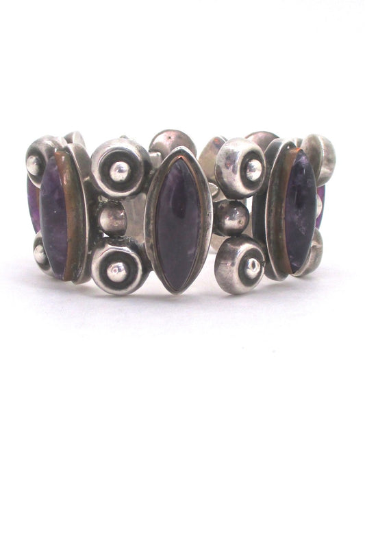 vintage silver and amethyst wide and heavy panel link bracelet Mexico