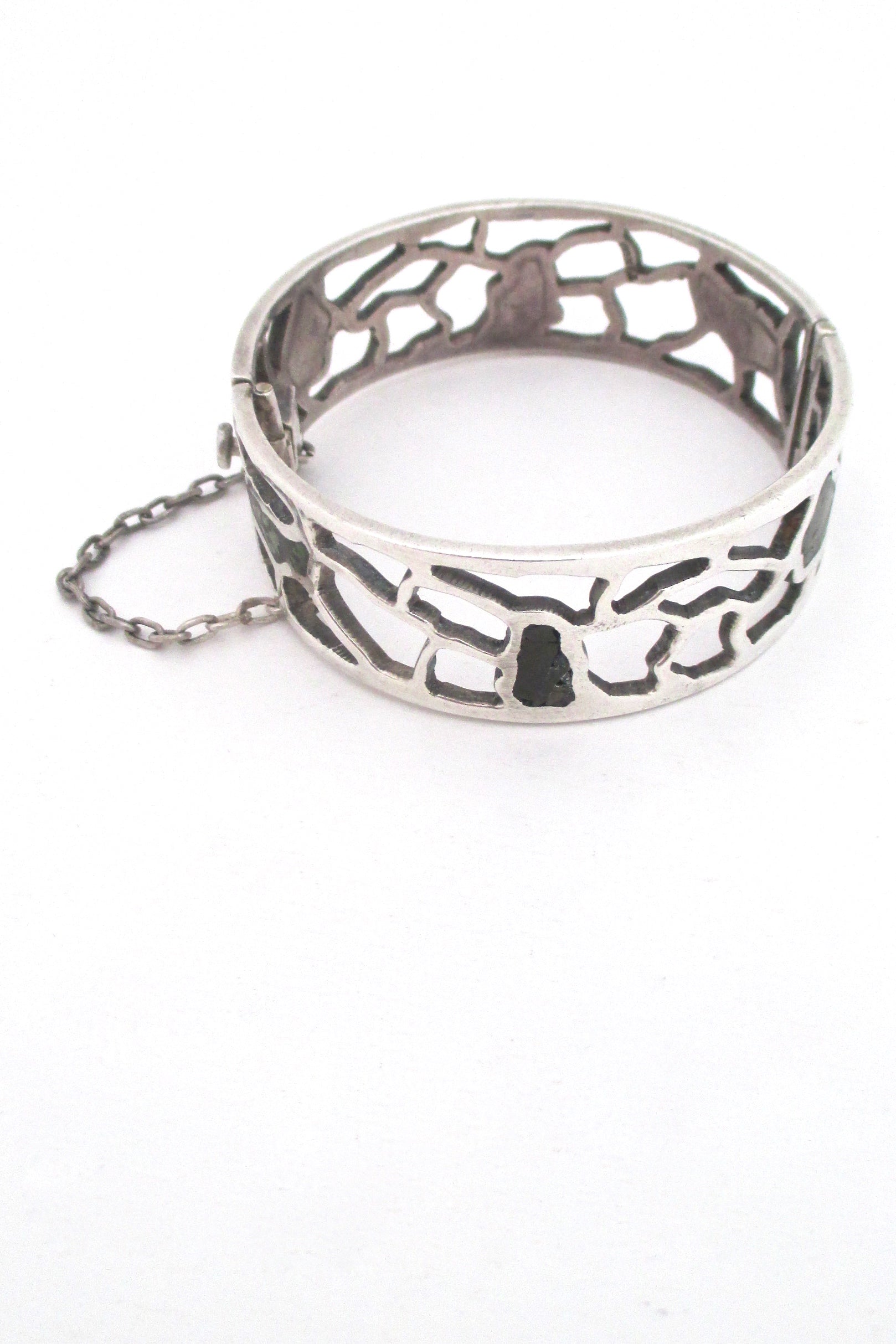 profile Miguel Melendez Mexico vintage sterling silver malachite mosaico hinged bracelet mid century