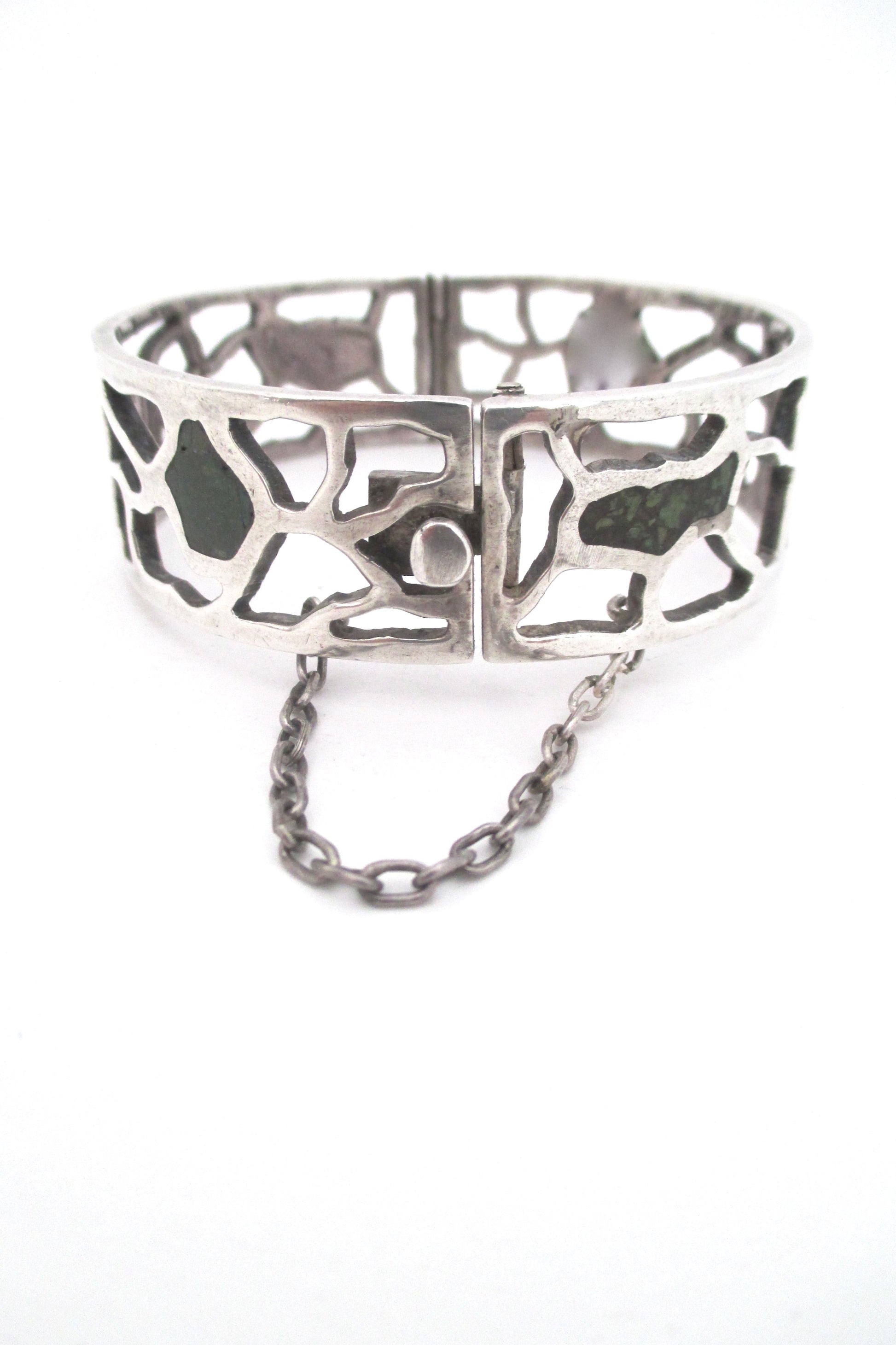detail Miguel Melendez Mexico vintage sterling silver malachite mosaico hinged bracelet mid century