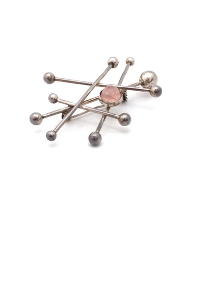 detail Niels Erik NE From Denmark vintage silver rose quartz atomic large brooch Scandinavian Modernist jewelry design