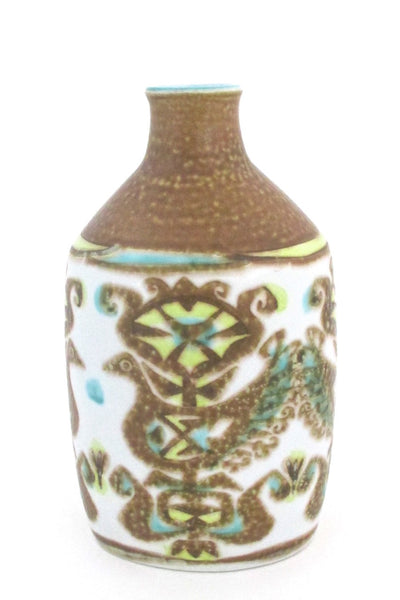 Nils Thorsson for Royal Copehagen Denmark vintage turquoise yellow Baca faience ceramic bird vase